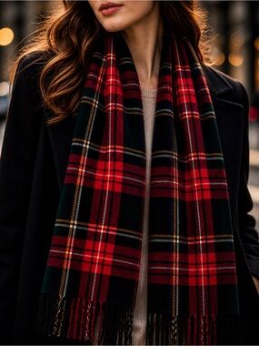 Givenchy Vintage Plaid Scarf Made in Italy Unisex Red Black Wool Feel